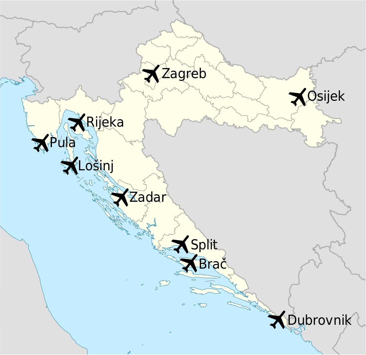 karta Hrvatske pokazuje zračne luke